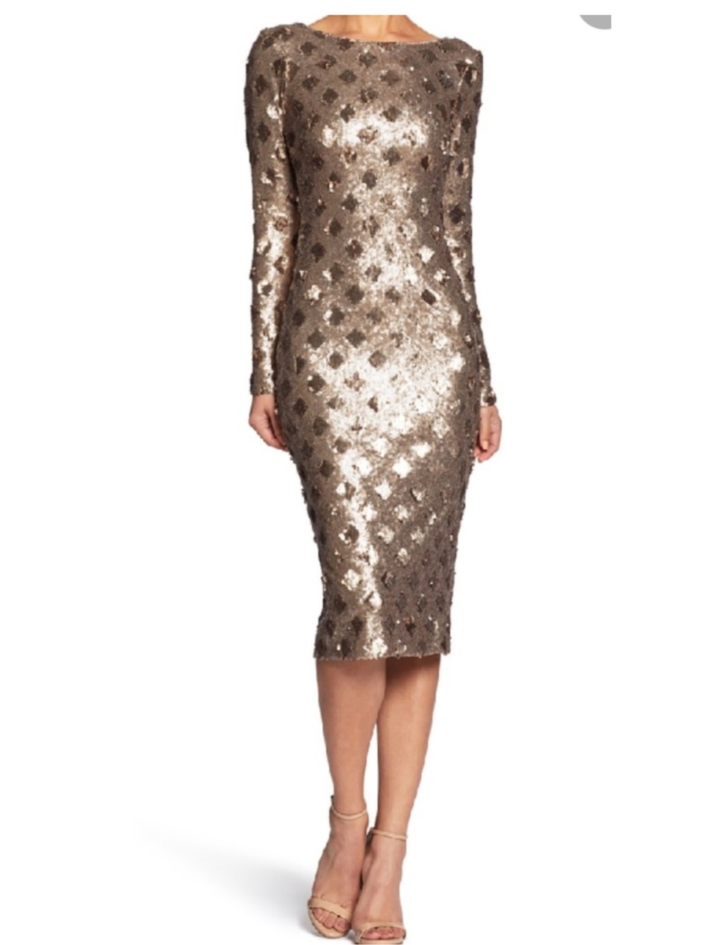 Dress the Population Emery Silver Sequin Midi Cocktail Evening Dress Size M